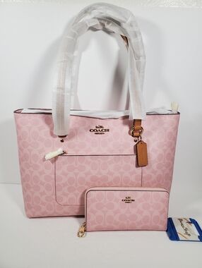 BUNDLE Coach Powder Pink Signature Canvas Signature Tote + Zip Wallet NWT